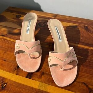 Vintage Manolo Blahnik Blush Pink Suede Slide Mules with Gold Accent
